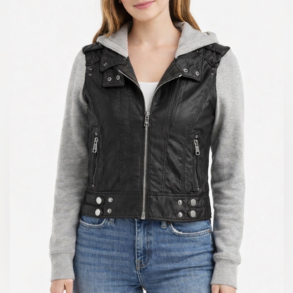 Y2K Women's Black Faux Leather Jacket with Gray Hoodie attached sweatshirt  Sz M